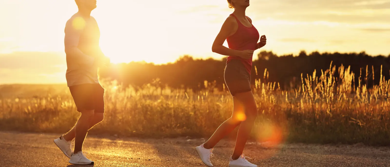 Two runners on a country road, backlit by a low sun.
